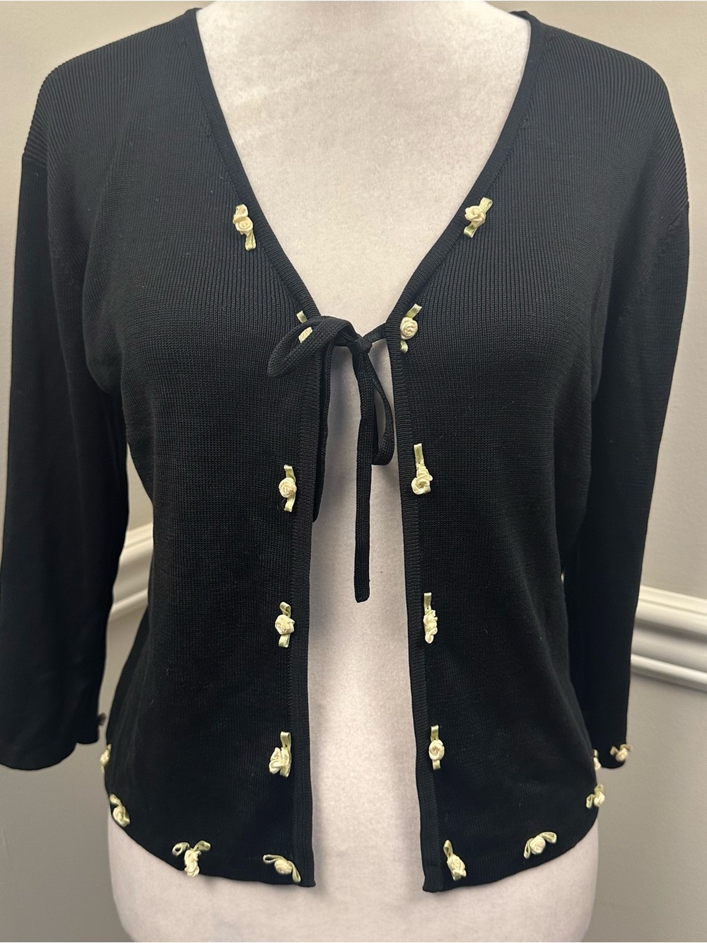Joseph A Black Silk Tie-Front Cardigan with Cream Rosette Accents S